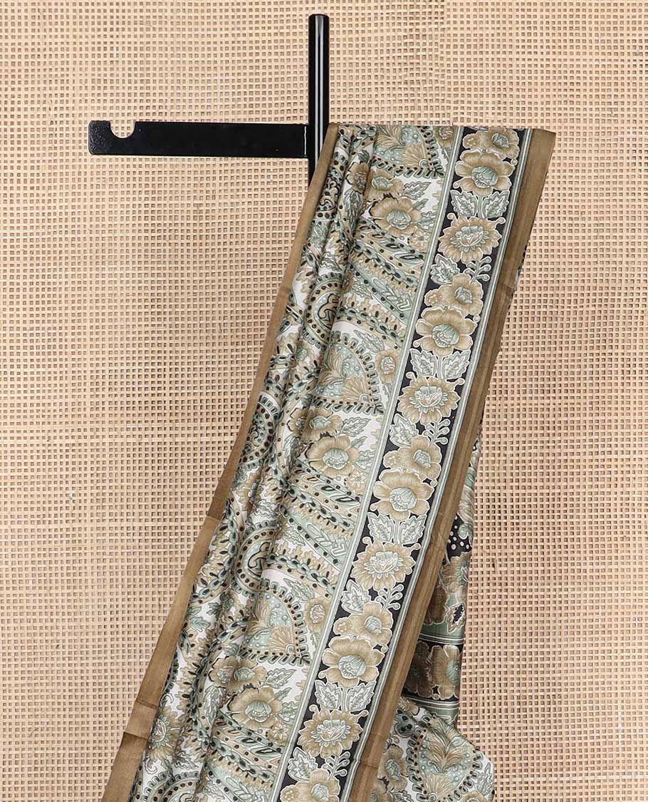 Cream floral design printed silk saree with contrast floral design border & floral design pallu