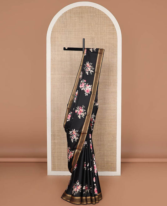 Black floral motifs printed silk saree with contrast zari design border & striped pallu
