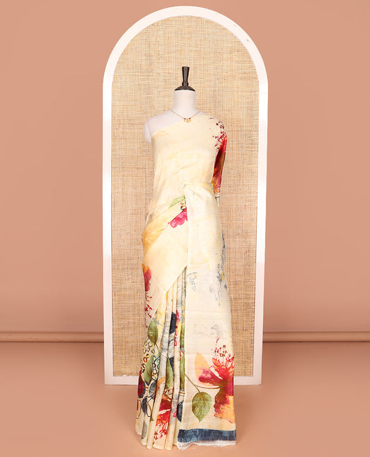 Borderless Pastel yellow-base printed saree with multi-colored floral motifs print
