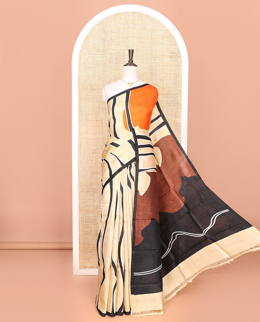 Sandal abstract geometric printed saree with brown and black printed pallu