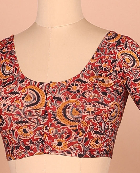 Red kalamkari-style floral vine printed front-back round neck full-sleeve cotton readymade blouse