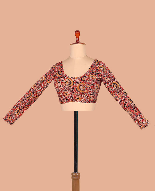 Red kalamkari-style floral vine printed front-back round neck full-sleeve cotton readymade blouse