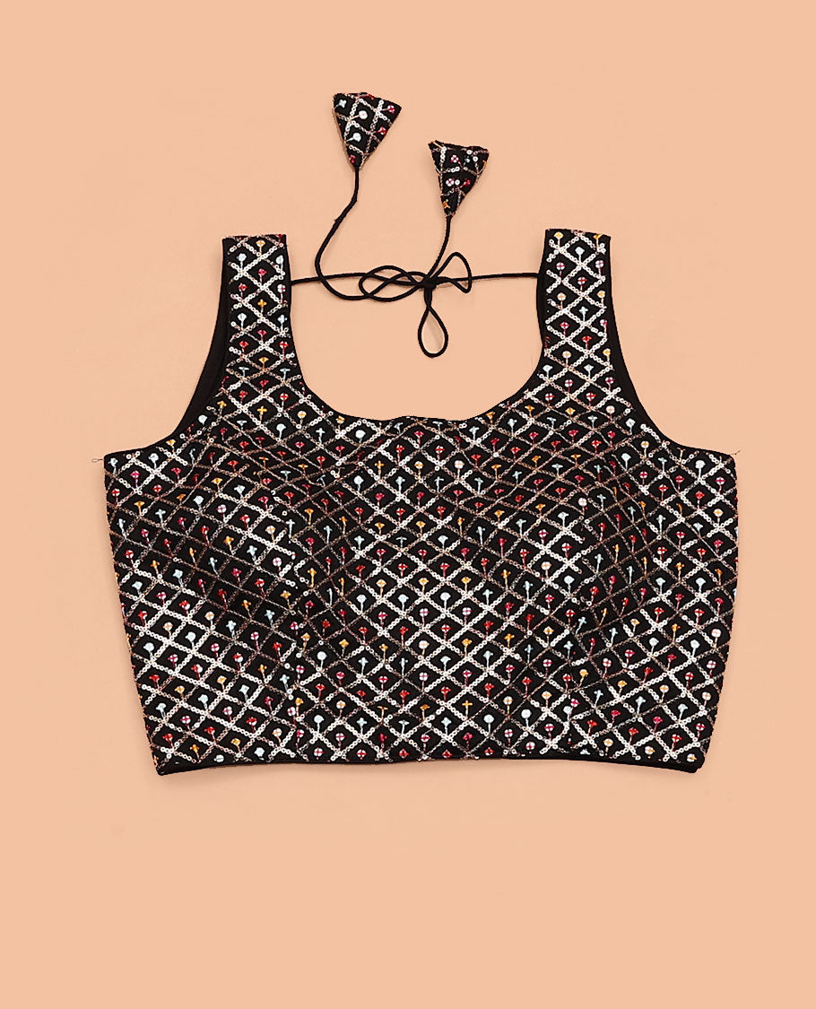 Black sequins jaal design embroidered deep boat neck sleeveless blouse