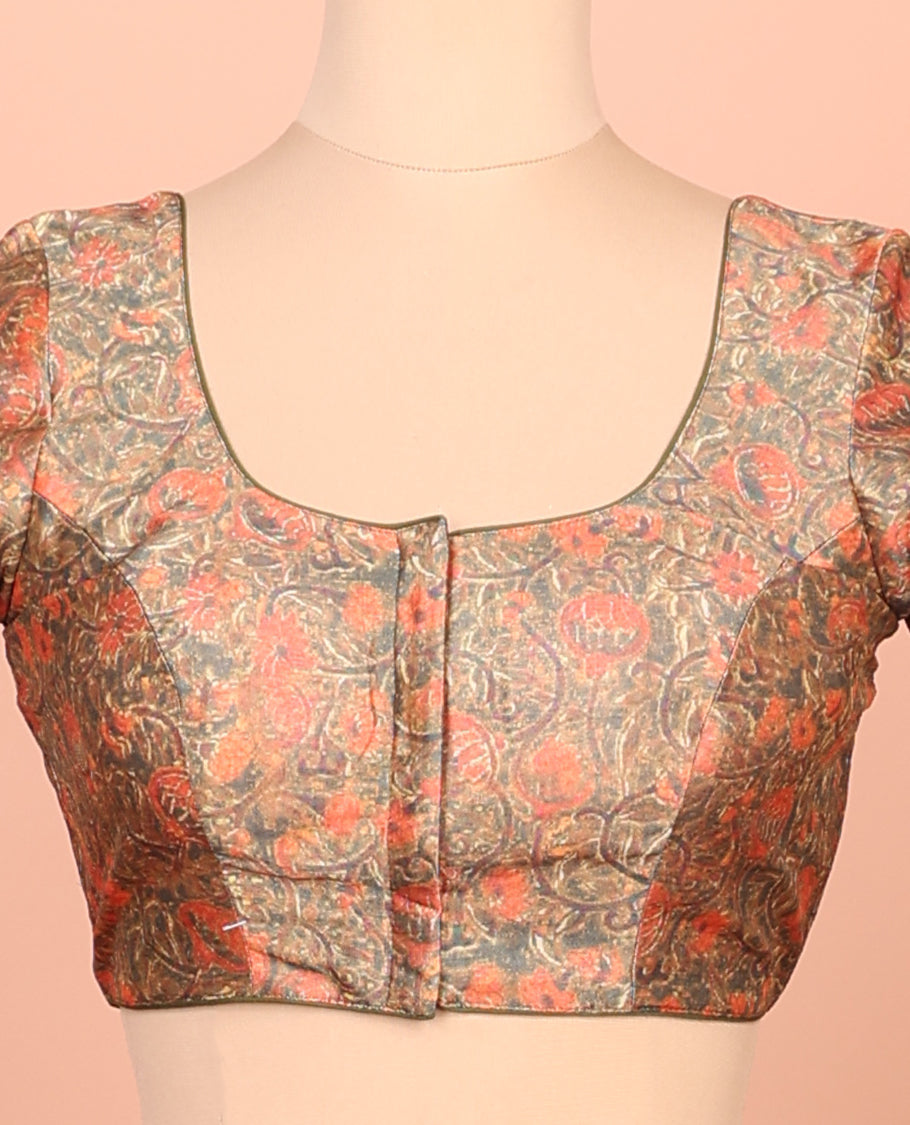 Green Readymade Blouse Featuring Floral Vine Digital Print, a Front Round-Neck, Back Round-Neck, and Elbow Sleeves