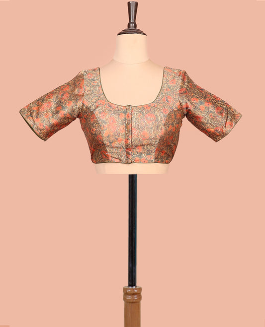 Green Readymade Blouse Featuring Floral Vine Digital Print, a Front Round-Neck, Back Round-Neck, and Elbow Sleeves