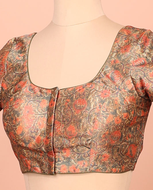 Green Readymade Blouse Featuring Floral Vine Digital Print, a Front Round-Neck, Back Round-Neck, and Elbow Sleeves