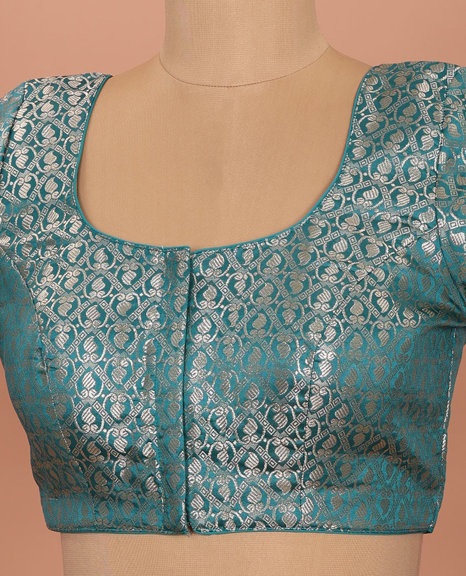 Peacock blue paisleys-theme jacquard front-back round neck elbow-sleeve readymade blouse