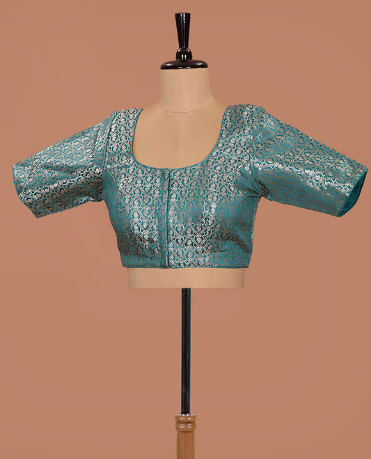 Peacock blue paisleys-theme jacquard front-back round neck elbow-sleeve readymade blouse