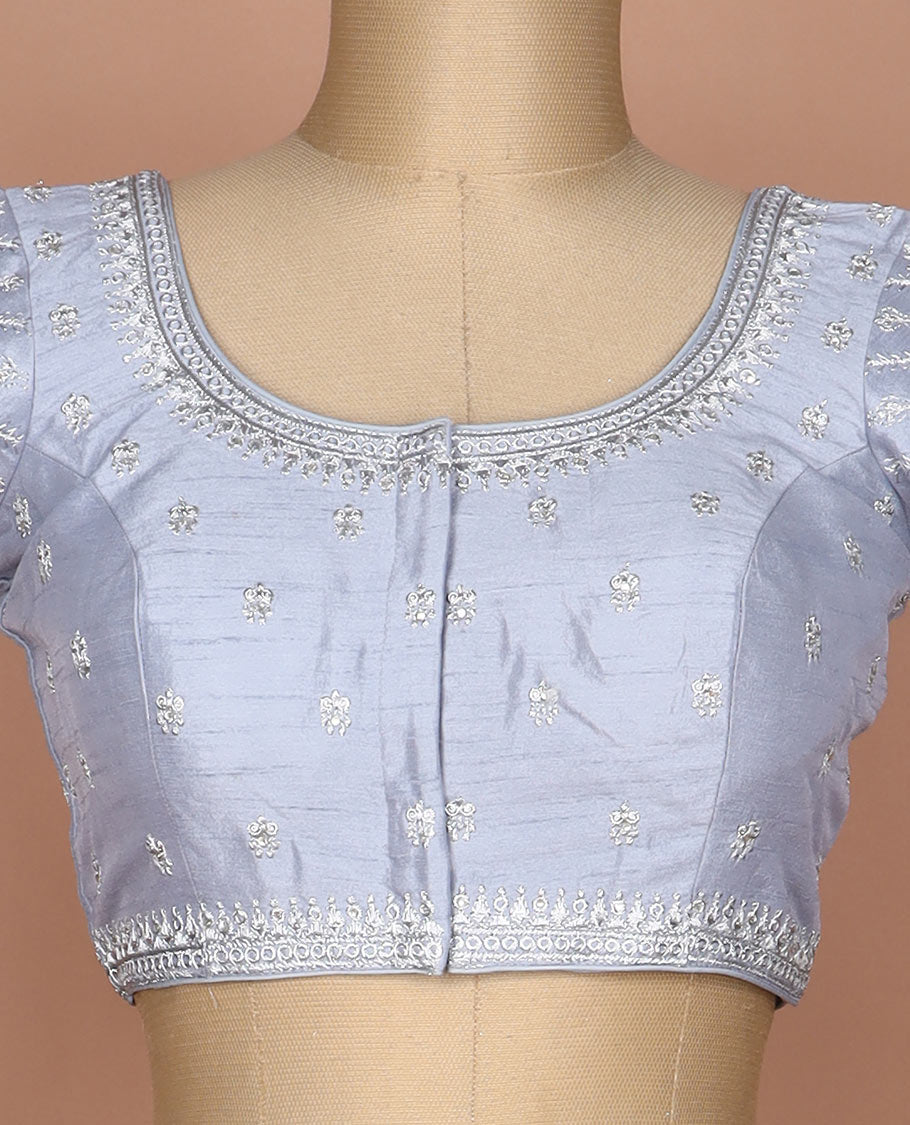 Grey floral thread embroidered round neck elbow sleeve raw silk readymade blouse