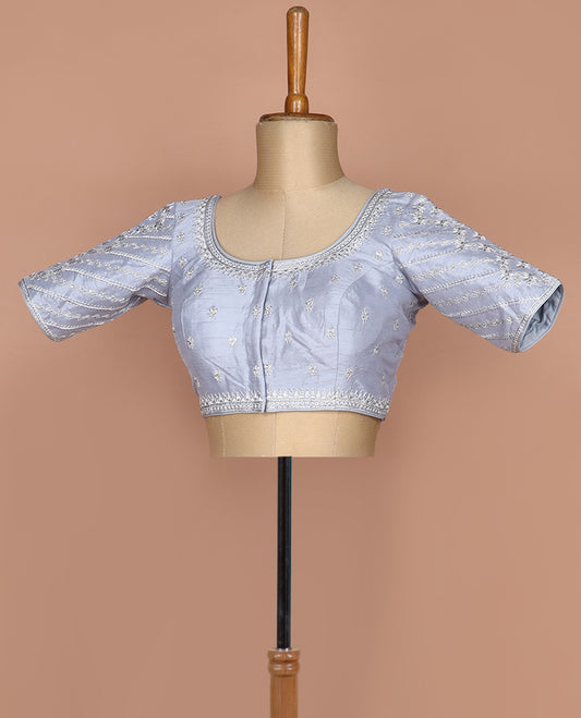 Grey floral thread embroidered round neck elbow sleeve raw silk readymade blouse