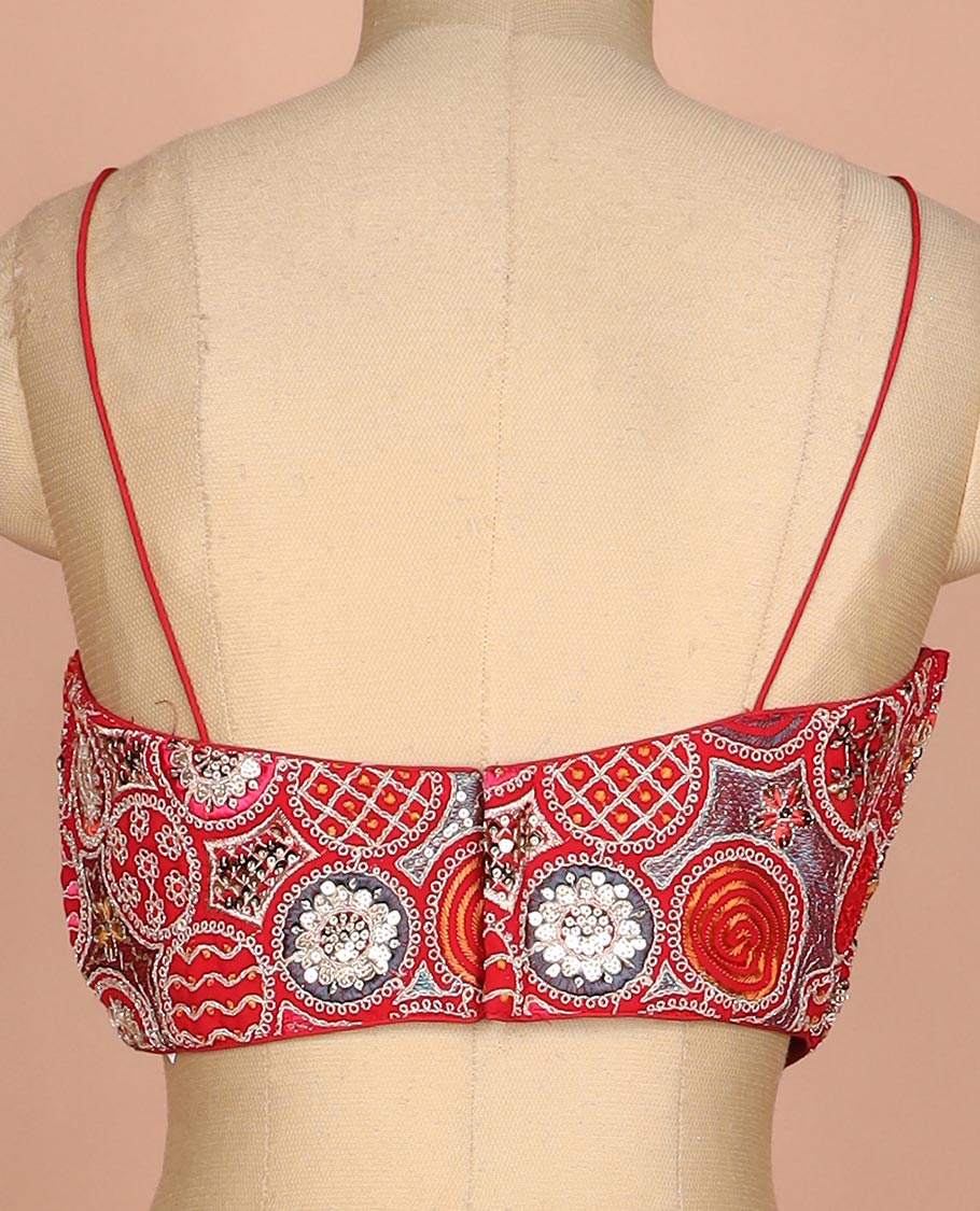 Red resham thread and sequins embroidered spaghetti sleeve V-neck readymade blouse