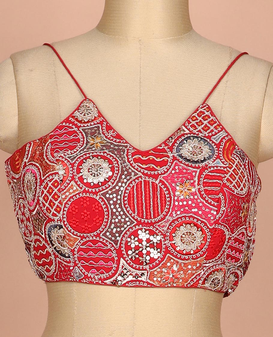 Red resham thread and sequins embroidered spaghetti sleeve V-neck readymade blouse