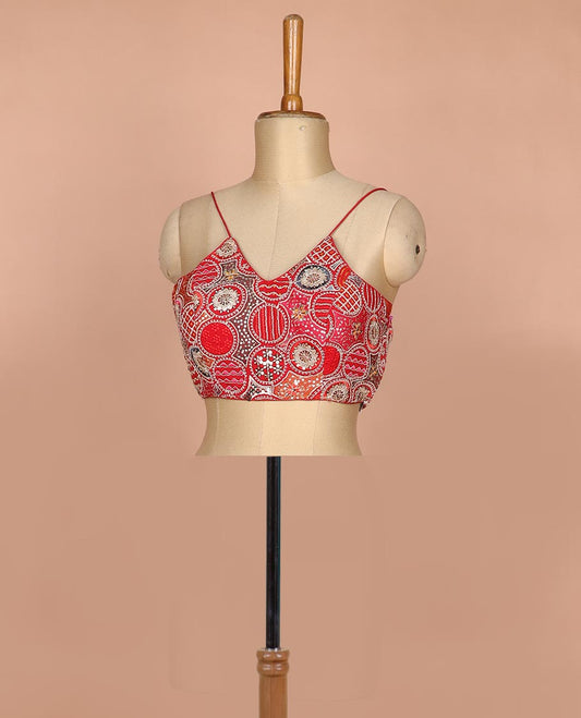 Red resham thread and sequins embroidered spaghetti sleeve V-neck readymade blouse