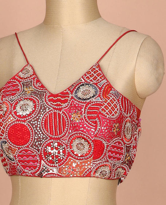 Red resham thread and sequins embroidered spaghetti sleeve V-neck readymade blouse