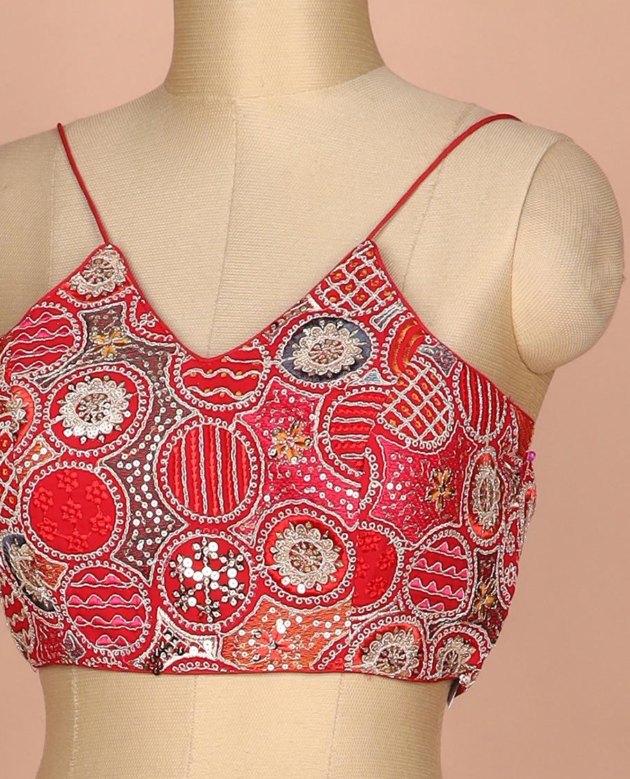 Red resham thread and sequins embroidered spaghetti sleeve V-neck readymade blouse
