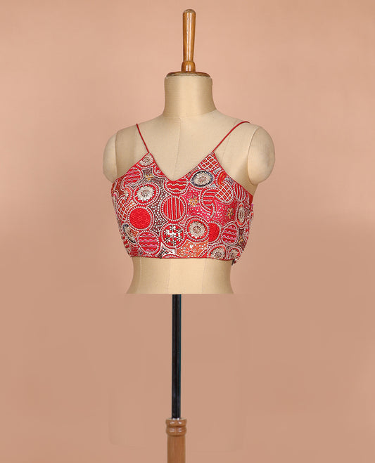 Red resham thread and sequins embroidered spaghetti sleeve V-neck readymade blouse