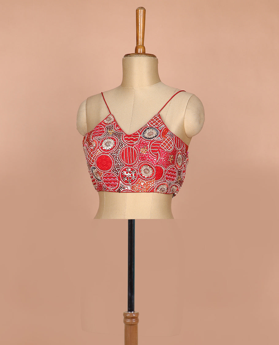 Red resham thread and sequins embroidered spaghetti sleeve V-neck readymade blouse