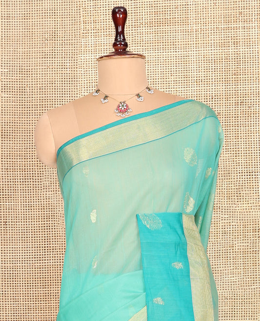 Turquoise Silk Cotton Saree, Subtly Sparkled with Zari Buttas, Complemented by a Contrast Zari Border, Grand Pallu, and a Contrast Blouse
