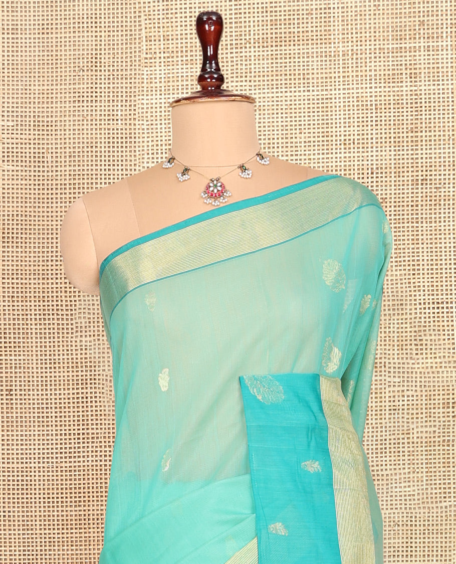 Turquoise Silk Cotton Saree, Subtly Sparkled with Zari Buttas, Complemented by a Contrast Zari Border, Grand Pallu, and a Contrast Blouse
