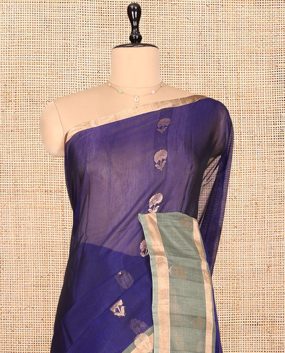 Blue Silk Cotton Saree, Mesmerized with Floral Buttas, Complemented by a Contrast Traditional Border, Pallu of Floral Designs, and a Contrast Blouse