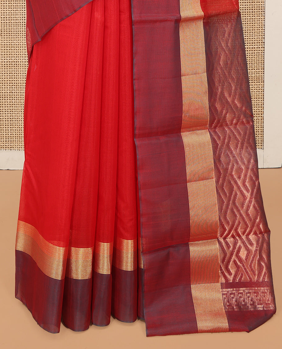 Red Silk Cotton Saree, Woven with Zari Buttas, a Contrast Zari Buttas Border, Intricate Pallu, and a Contrast Blouse