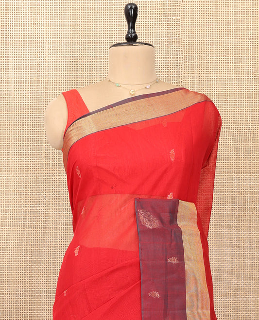 Red Silk Cotton Saree, Woven with Zari Buttas, a Contrast Zari Buttas Border, Intricate Pallu, and a Contrast Blouse