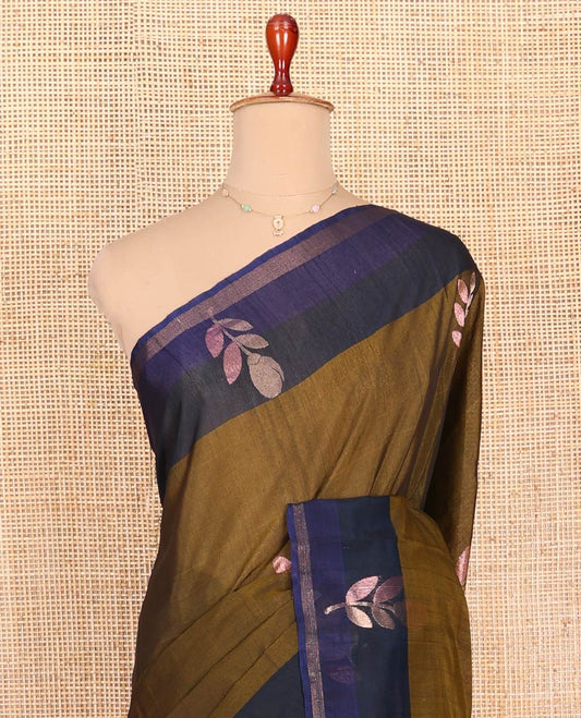 Green Silk Cotton Saree, Embellished with Zari Buttas All Over Its Body, Complemented by a Contrast Floral  Design Border, Pallu of Zari Designs, and Paired with a Contrast Blouse