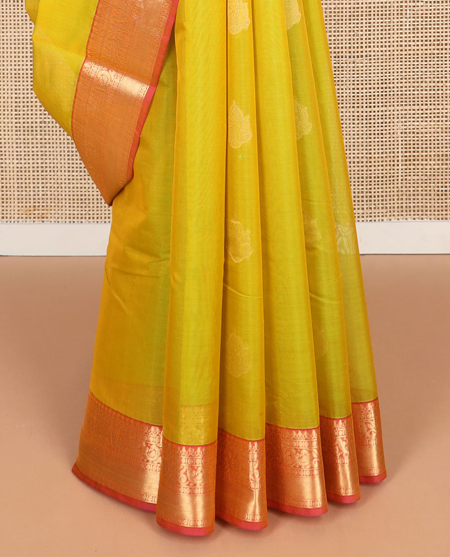 Light green floral motifs silk cotton saree with contrast intricate zari design border & argyle design pallu