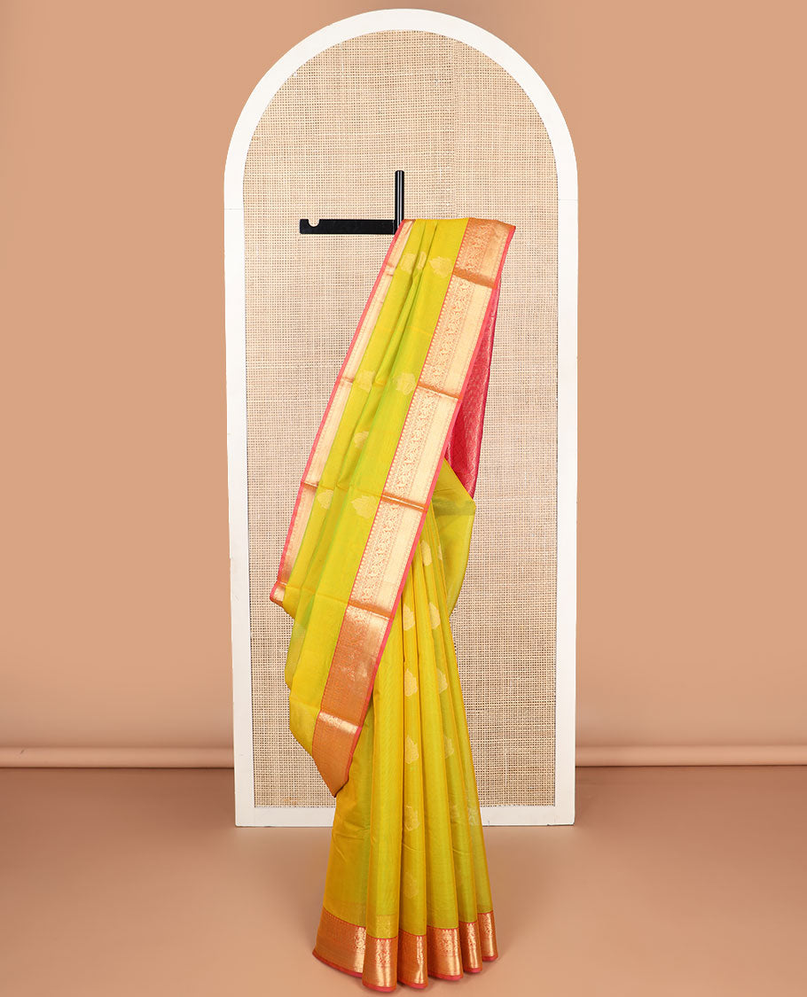 Light green floral motifs silk cotton saree with contrast intricate zari design border & argyle design pallu