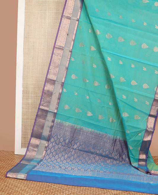 Sea green motifs silk cotton saree with contrast zari design border & ogee design pallu