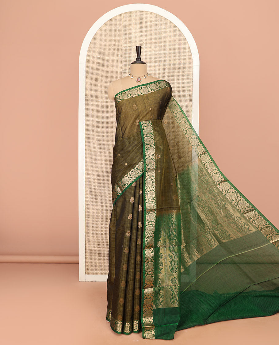 Green Silk Cotton Saree Embellished with Buttas All Over the Body, Complemented by a Contrast Floral Creeper Zari Border, Featuring a Contrast Pallu of Floral Zari Designs, and Paired with a Contrast Blouse