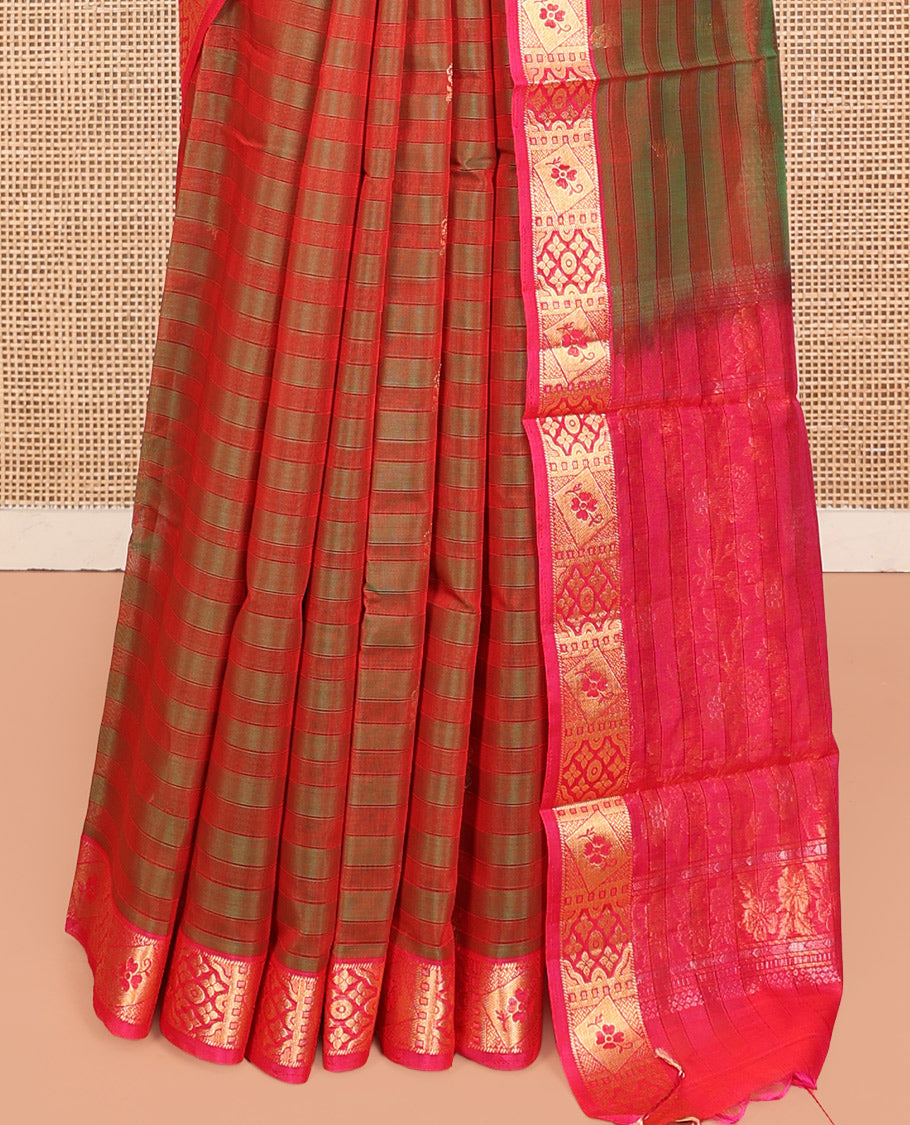 Red and Green Silk Cotton Saree, Ornamented with Stripes and Buttas, Complemented by Contrast Zari Border, Contrast Floral Vine Pallu, and a Contrast Blouse