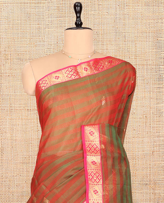 Red and Green Silk Cotton Saree, Ornamented with Stripes and Buttas, Complemented by Contrast Zari Border, Contrast Floral Vine Pallu, and a Contrast Blouse