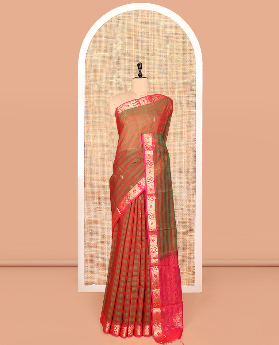Red and Green Silk Cotton Saree, Ornamented with Stripes and Buttas, Complemented by Contrast Zari Border, Contrast Floral Vine Pallu, and a Contrast Blouse
