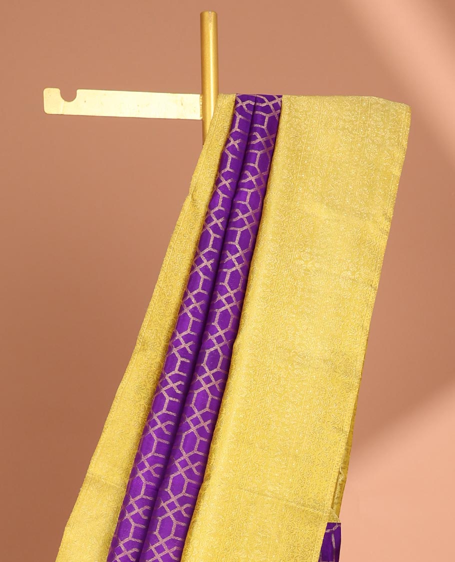 Purple geometric design samudrika silk saree with contrst floral zari design border & traditional zari design pallu
