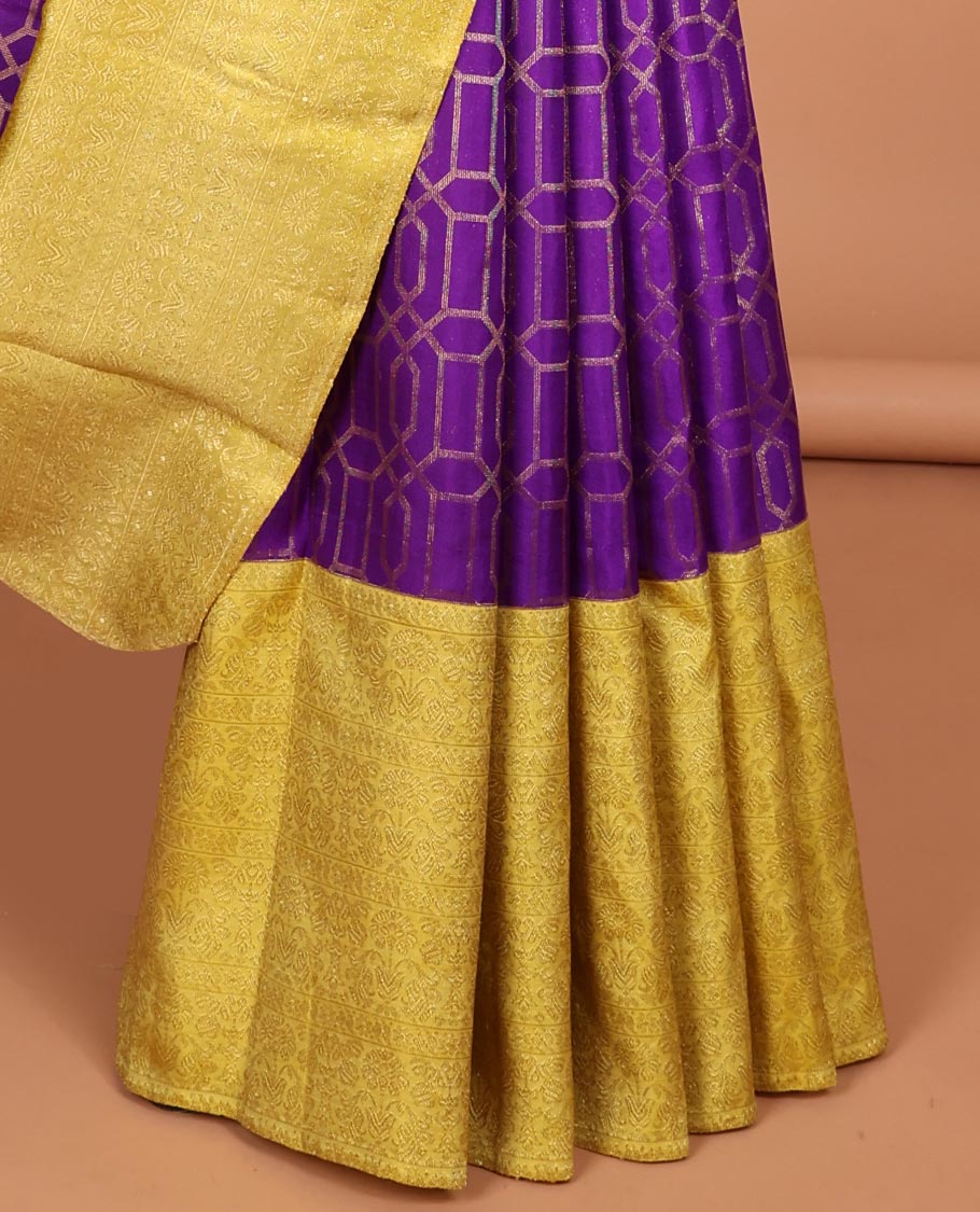 Purple geometric design samudrika silk saree with contrst floral zari design border & traditional zari design pallu