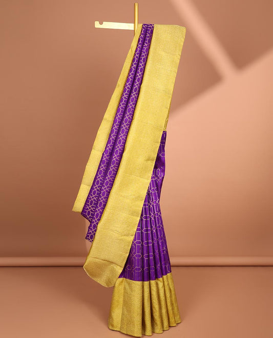 Purple geometric design samudrika silk saree with contrst floral zari design border & traditional zari design pallu