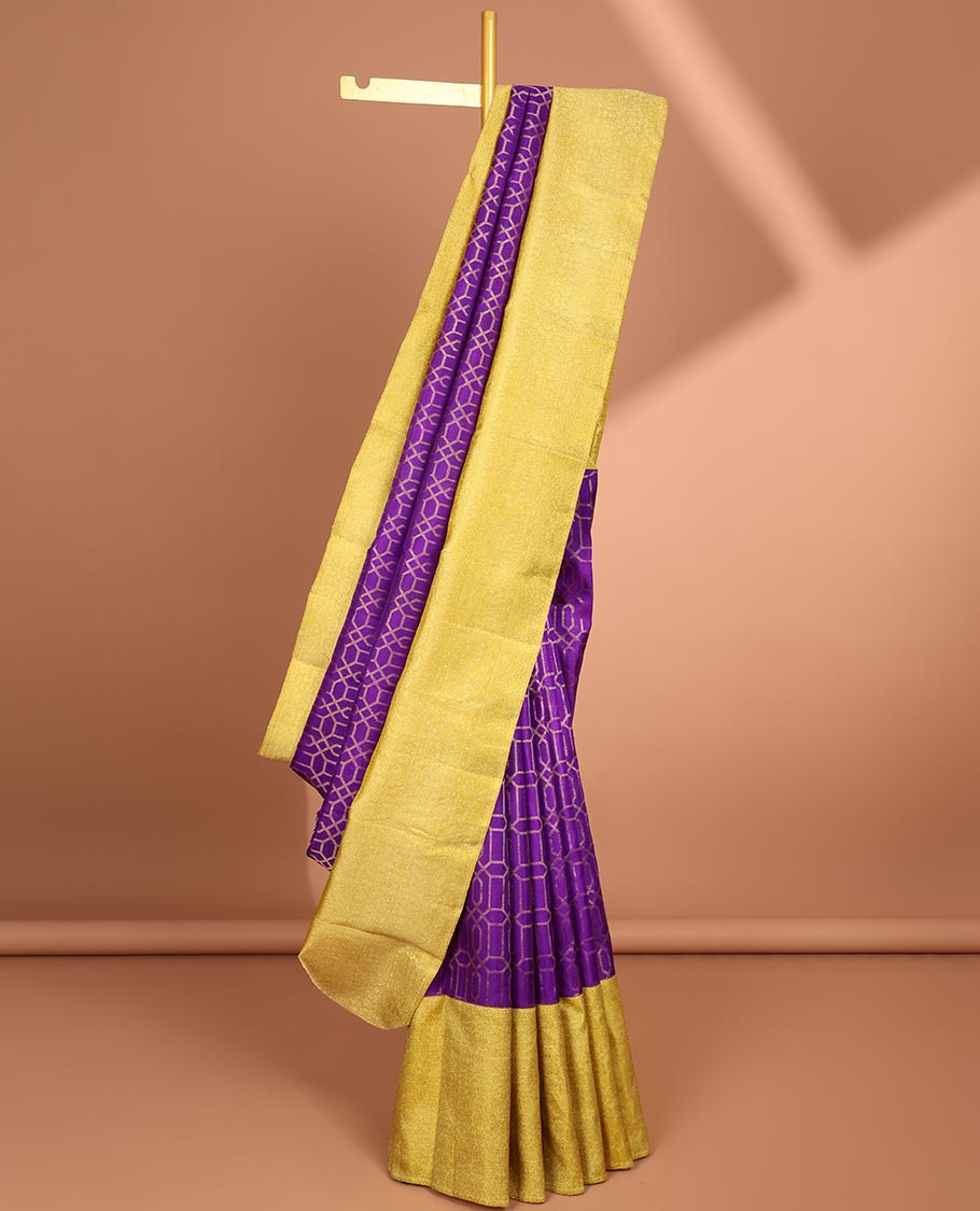 Purple geometric design samudrika silk saree with contrst floral zari design border & traditional zari design pallu