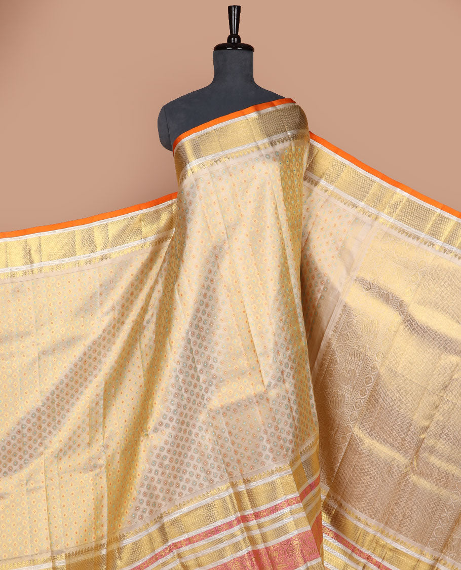 Gold meenakari zari buttas woven silk saree, contrast zari border of Banaras, poun & mayil kann design & zari woven grand pallu