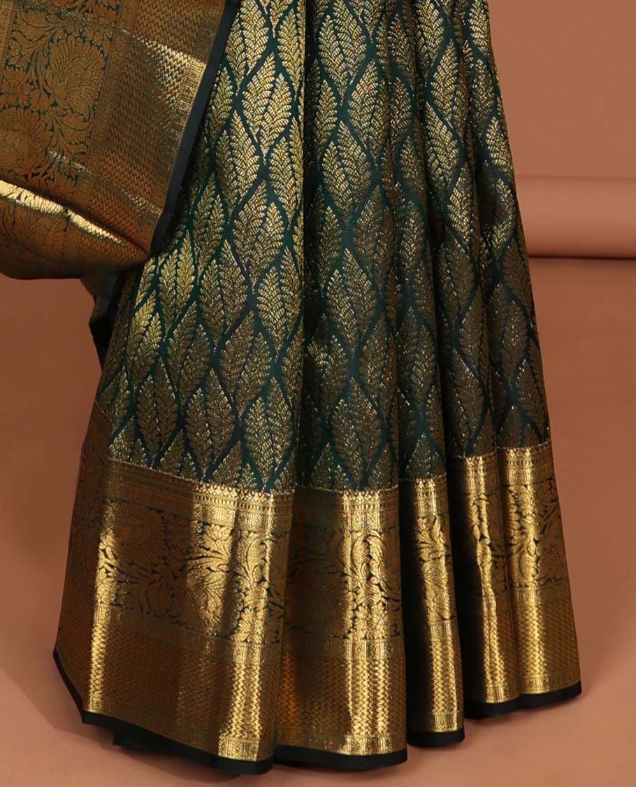 Green leaf ogee design silk saree with self zari design border & intricate floral zari design pallu