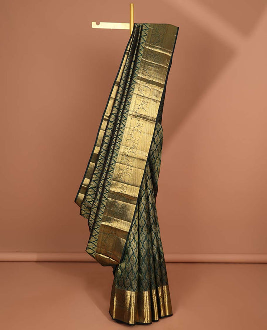Green leaf ogee design silk saree with self zari design border & intricate floral zari design pallu