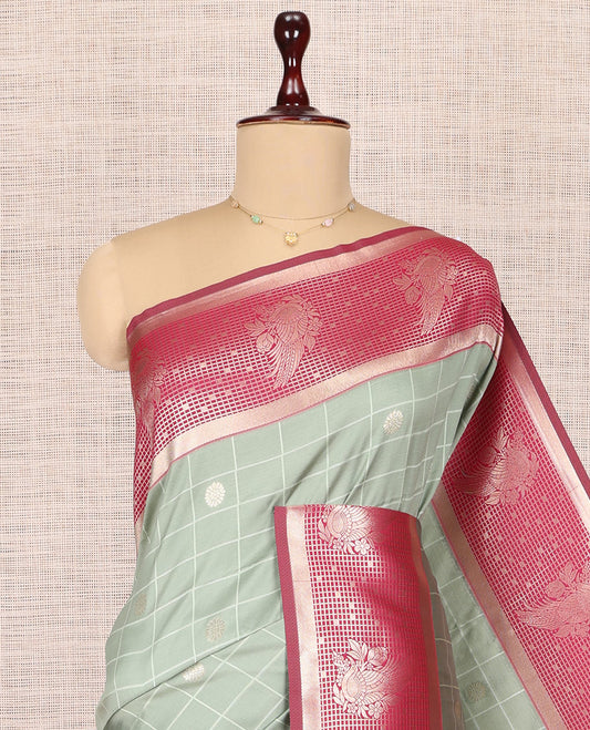 Grey Fancy Soft Silk Saree, Embellished with Zari Butta Enclosed Checks, Complemented by Contrast Zari Border, Grand Pallu, and a Contrast Blouse