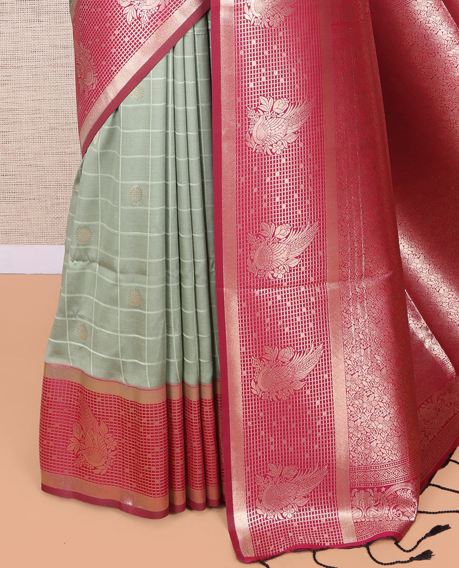 Grey Fancy Soft Silk Saree, Embellished with Zari Butta Enclosed Checks, Complemented by Contrast Zari Border, Grand Pallu, and a Contrast Blouse