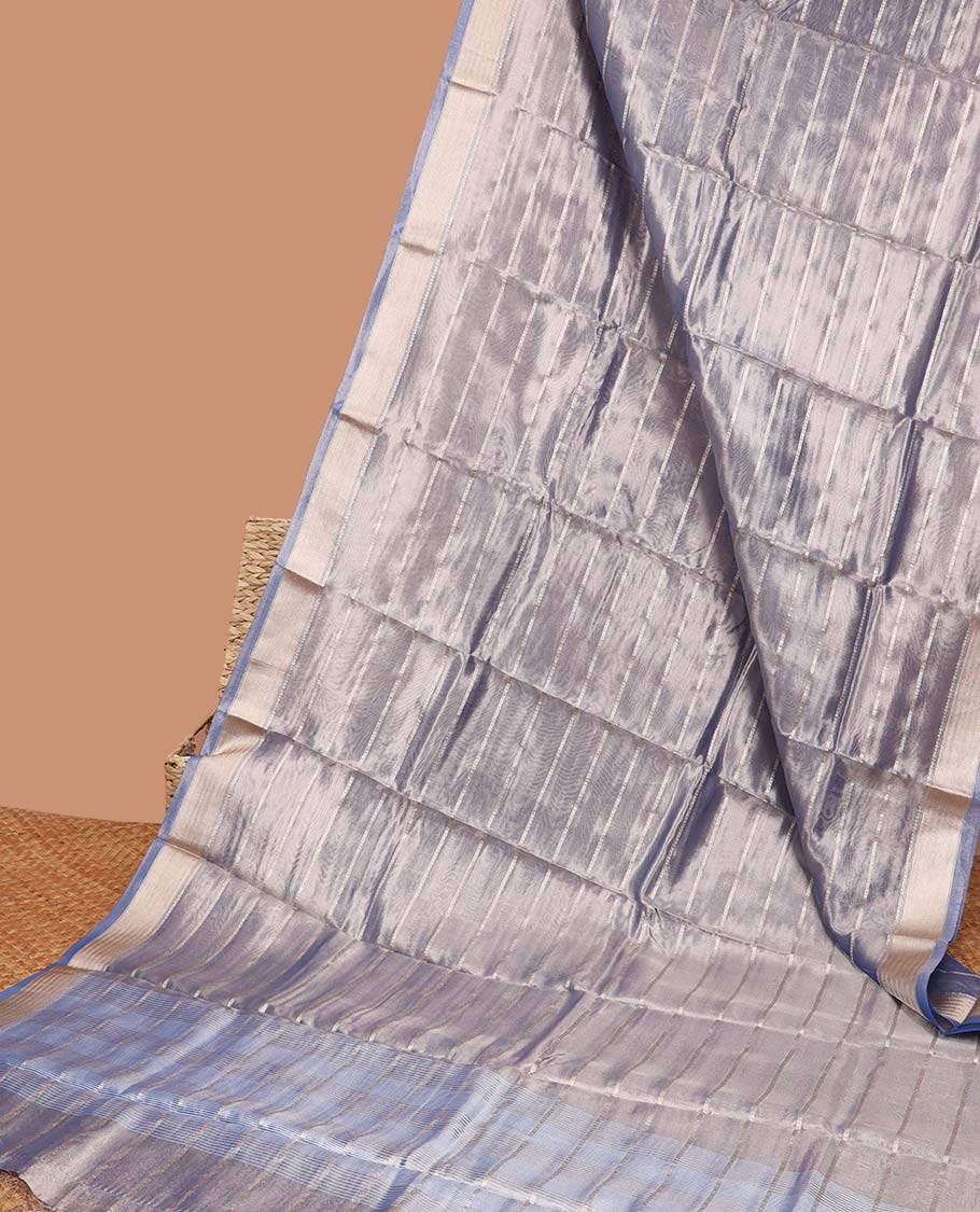Blue striped semi-banaras tissue saree, plain border & striped pallu 