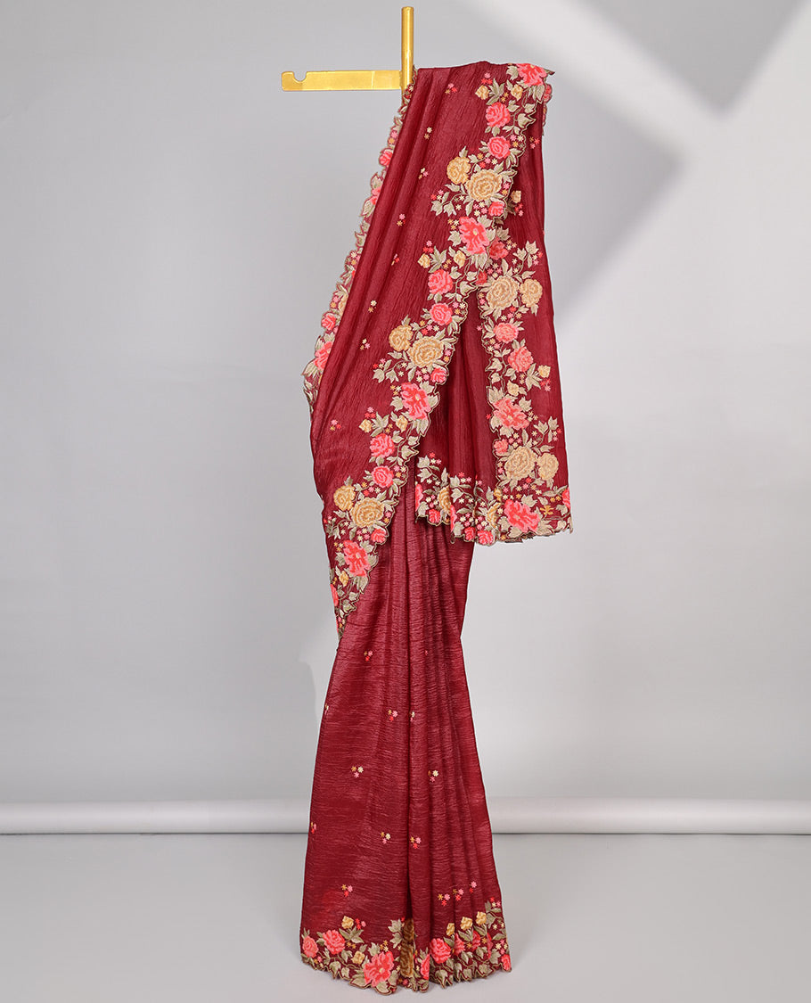 Yellow crushed tissue saree with scallop floral border & motif embroidery pallu