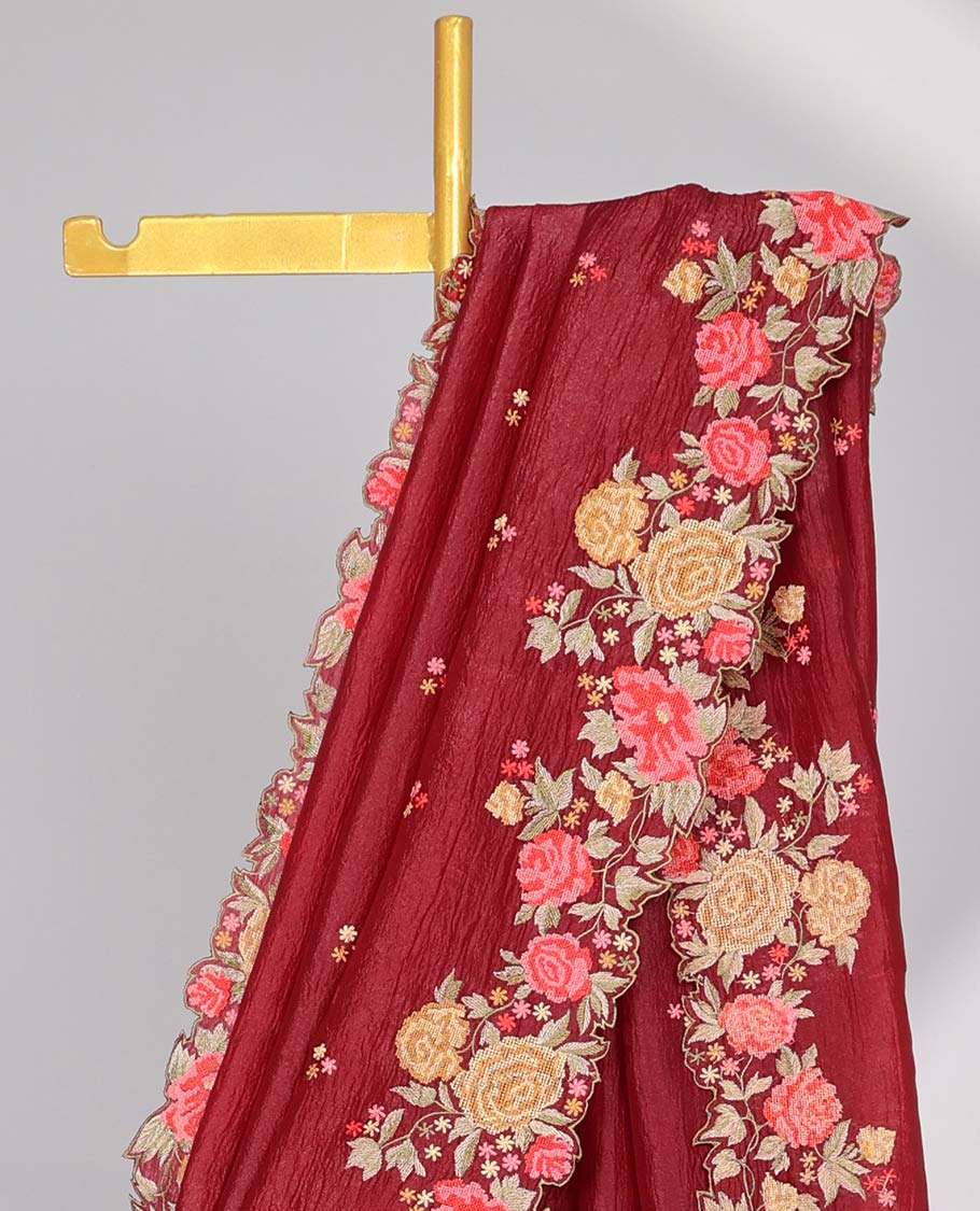 Yellow crushed tissue saree with scallop floral border & motif embroidery pallu