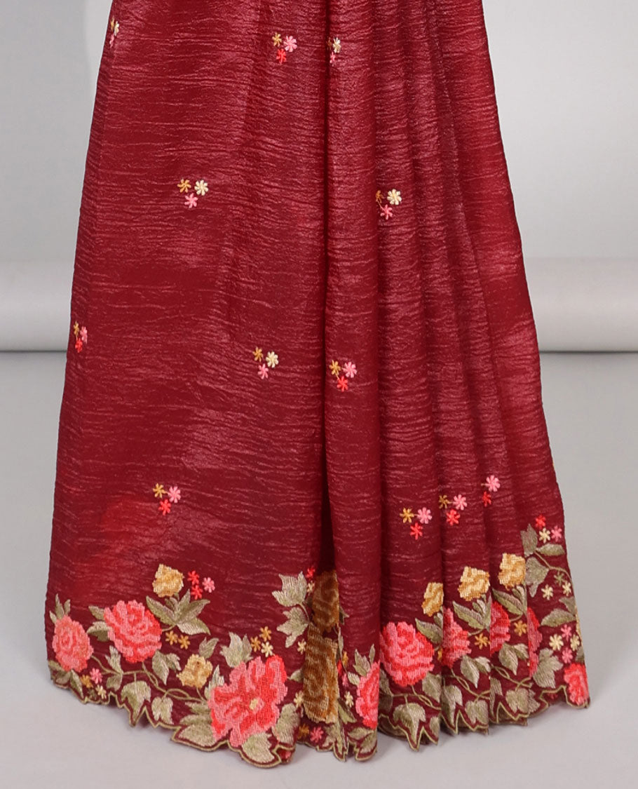 Yellow crushed tissue saree with scallop floral border & motif embroidery pallu