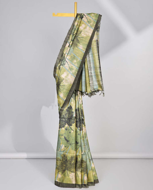 Green leaf printed tussar silk saree with self-border & checked pallu