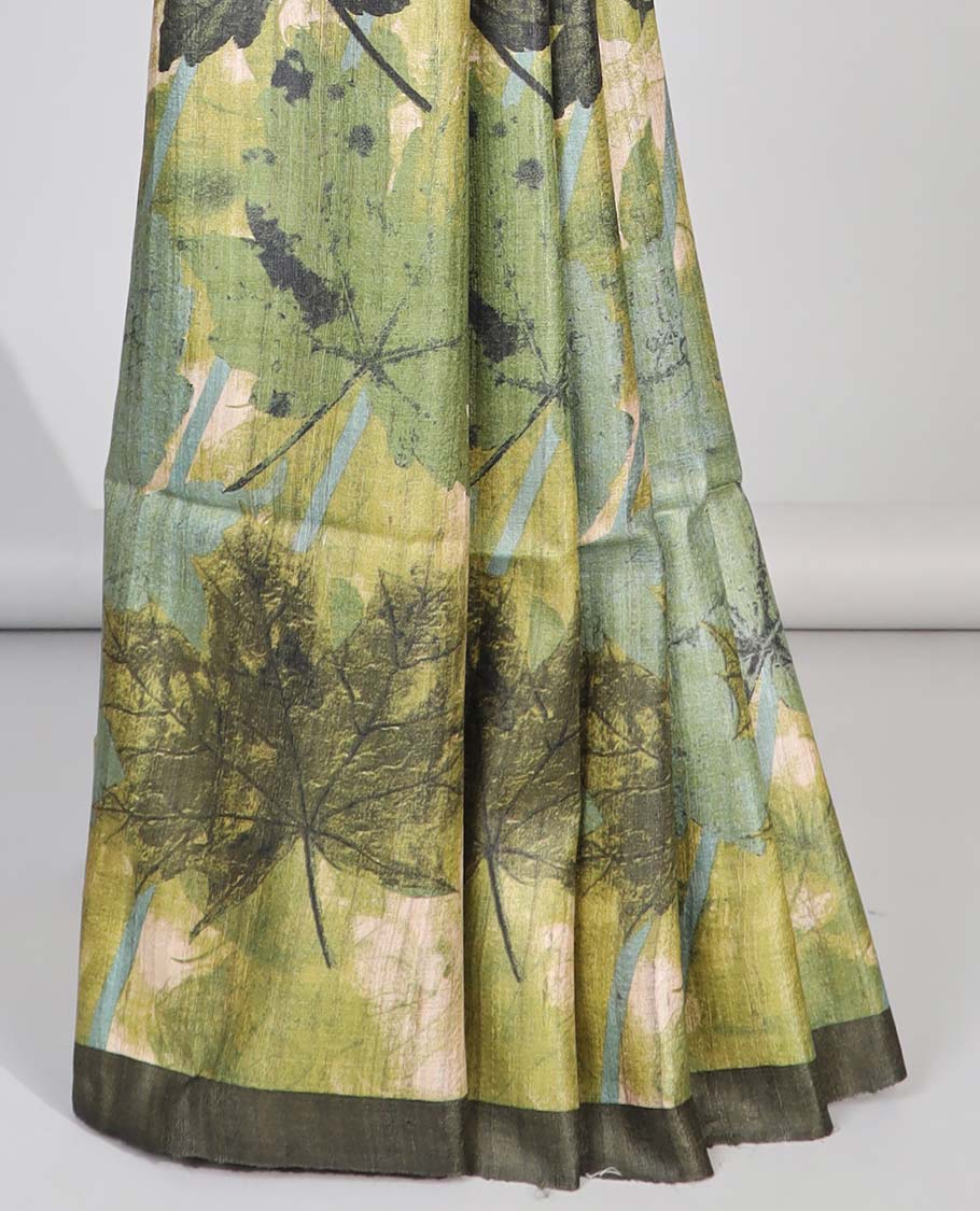 Green leaf printed tussar silk saree with self-border & checked pallu