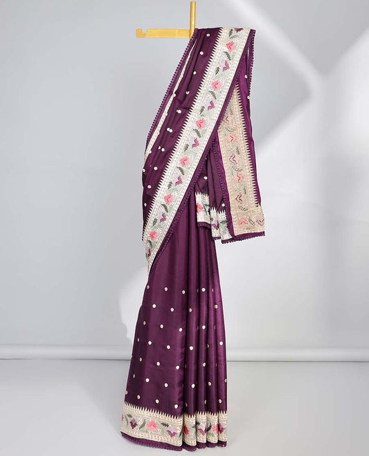 Violet polka dot semi-banaras tussar saree & contrast floral thread embroidered border